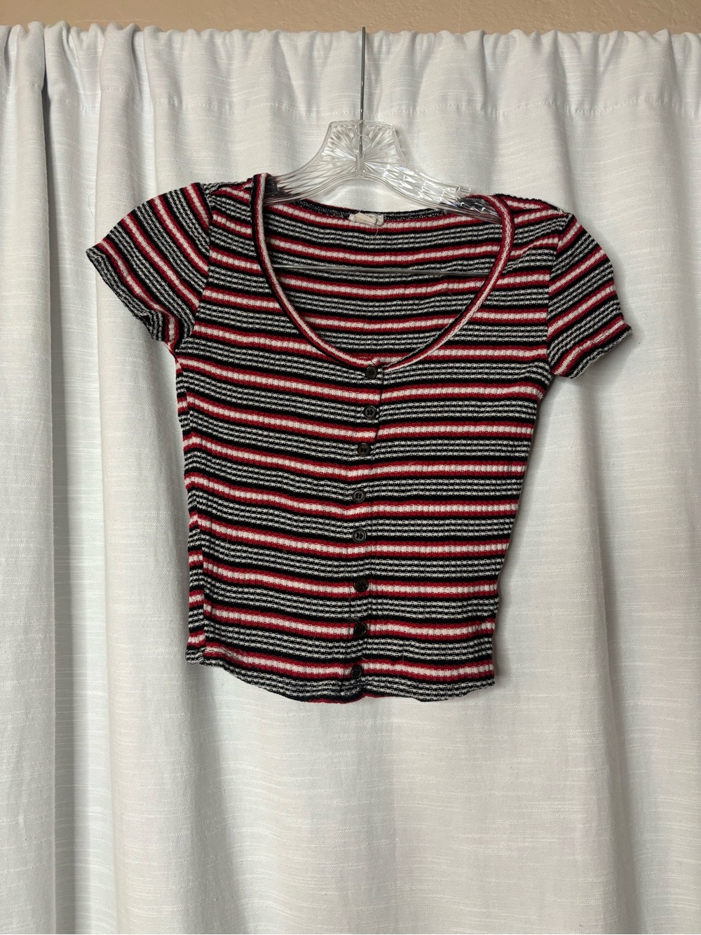 Garage Striped Button-Front Short Sleeve Top - Red/Black/White